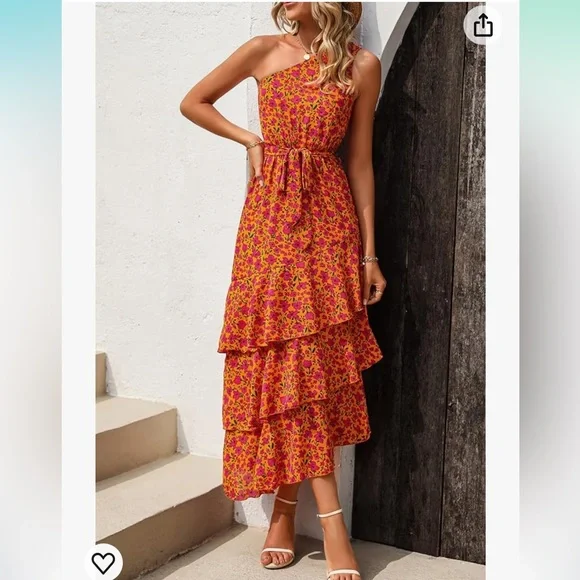 Floral One shoulder Tiered Ruffle FlowY midi dress - Picture 3 of 11